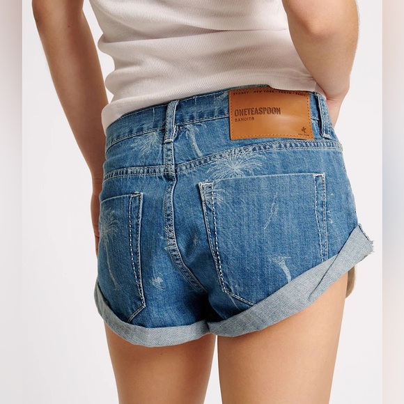 NWT One Teaspoon Malibu Bandits Palm Tree Denim Jean Shorts in Ocean Blue Sz 28 - Picture 6 of 9
